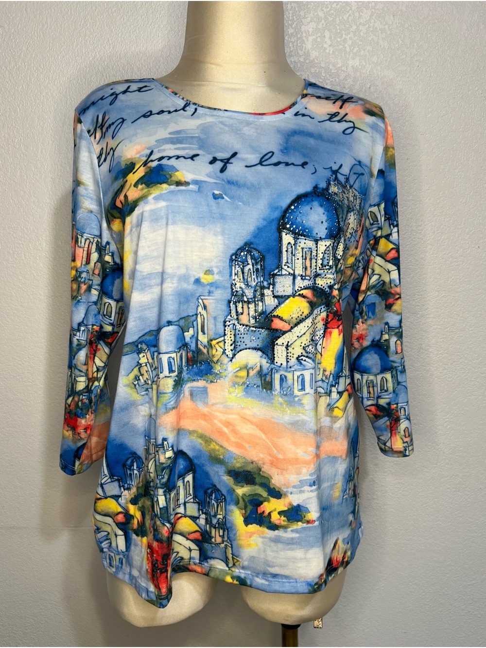 Allison Daley Scenic Blue & Coral Top 3/4 length sleeves